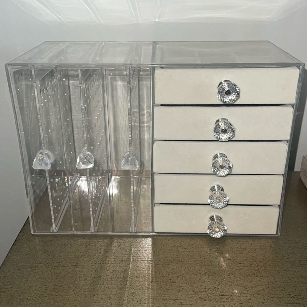 Clear Acrylic Jewelry Organizer with White Drawer Fronts